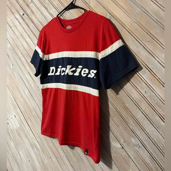Dickies Red & Blue Logo Tee T Shirt White Stripes Workwear Outdoor - Picture 2 of 6